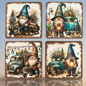 4 Charming Gardening Gnome Spring Flowers w/Vintage Truck Coasters